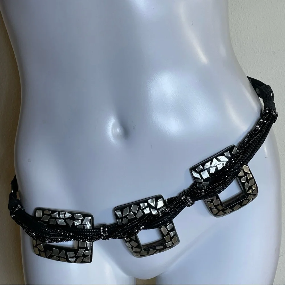 Chico's Black Leather Adjustable Belt w/ Beads & Mother of Pearl Like Inlay S/M - Picture 2 of 11